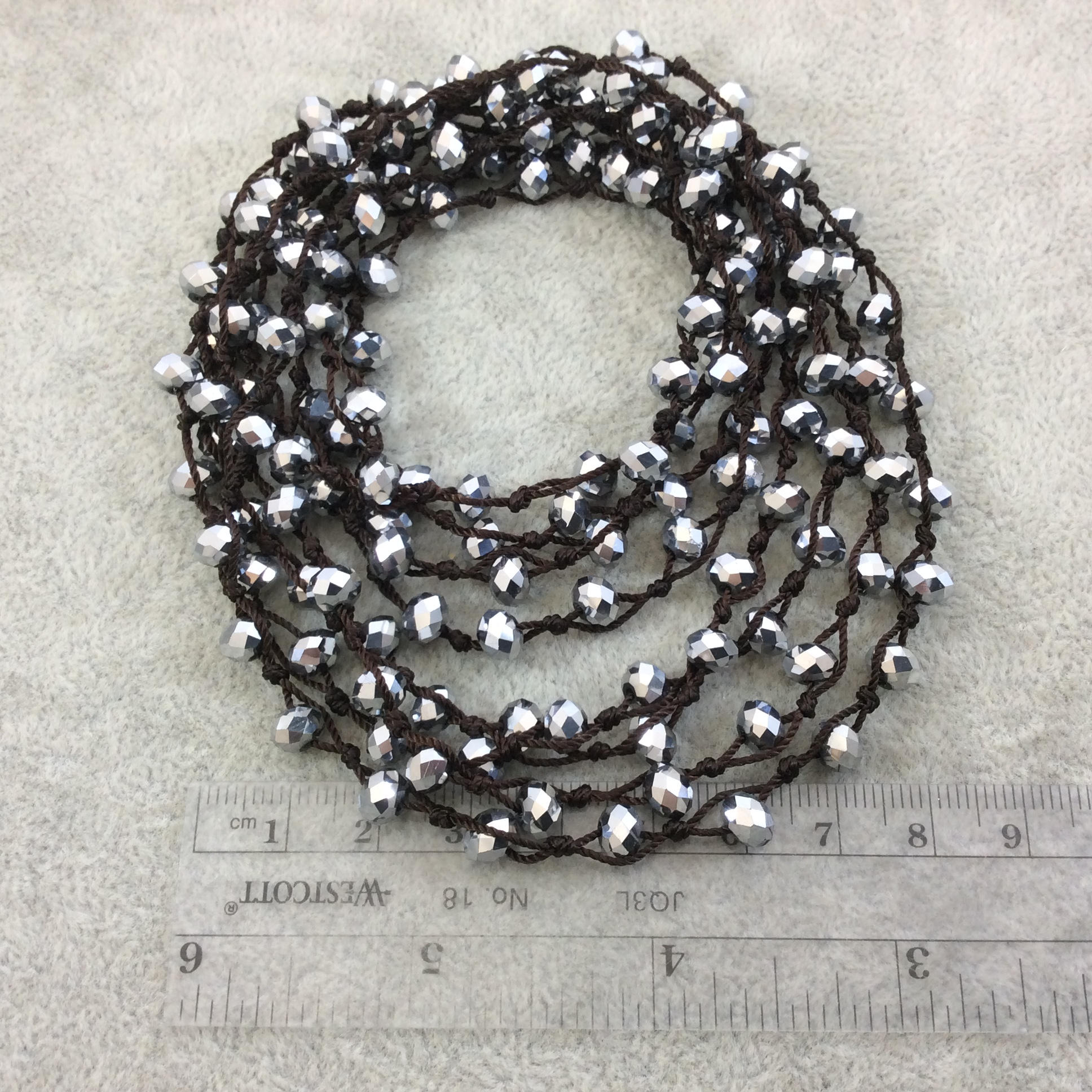 72" Woven Dark Brown Thread Necklace with 6mm Faceted Metallic Finish Rondelle Shaped Opaque Silver Chinese Crystal Beads - (DB72CC-103)