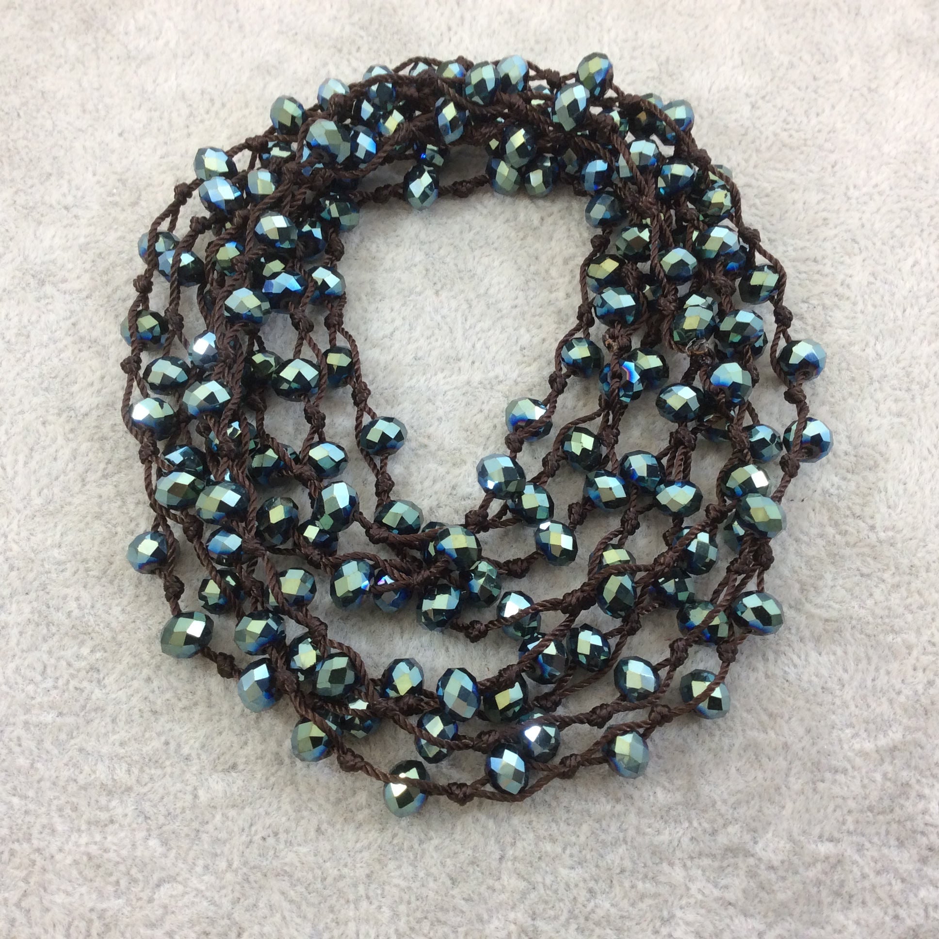 72" Woven Dark Brown Thread Necklace with 6mm Faceted Metallic Finish Rondelle Shaped Opaque Pine Green Chinese Crystal Beads - (DB72CC-104)