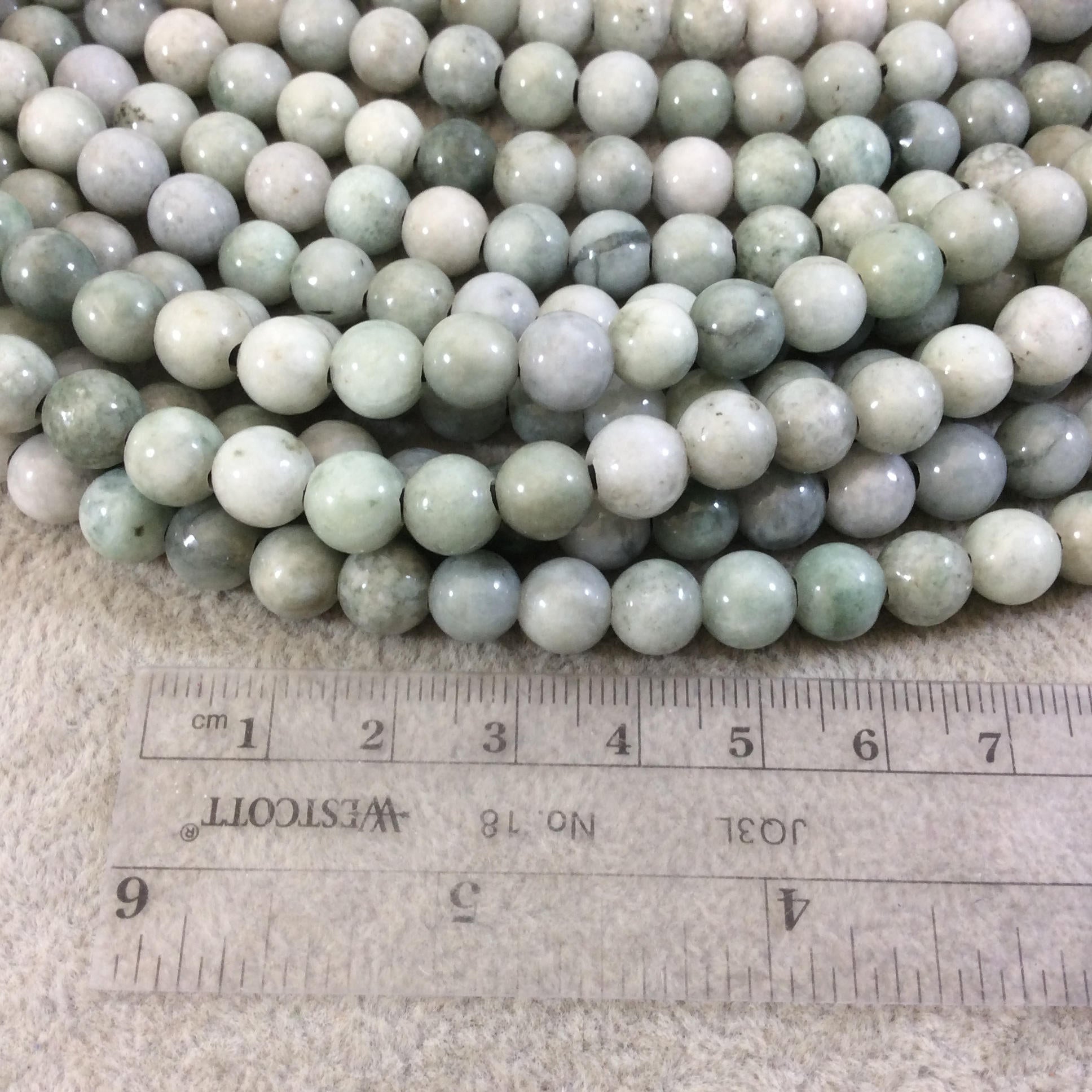 8mm Natural Pale Green Burma Jade Smooth Finish Round/Ball Shape Beads with 2.5mm Holes - 7.75" Strand (Approx. 25 Beads) - LARGE HOLE BEADS