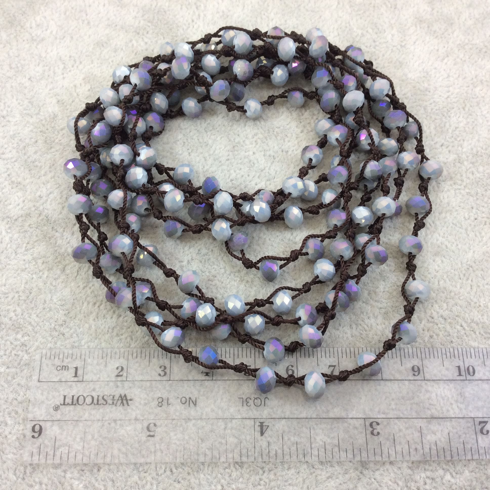 Chinese Crystal Beads | 72" Woven Dark Brown Thread Necklace with 6mm Faceted AB Finish Rondelle Shaped Opaque Gray Purple Glass Beads