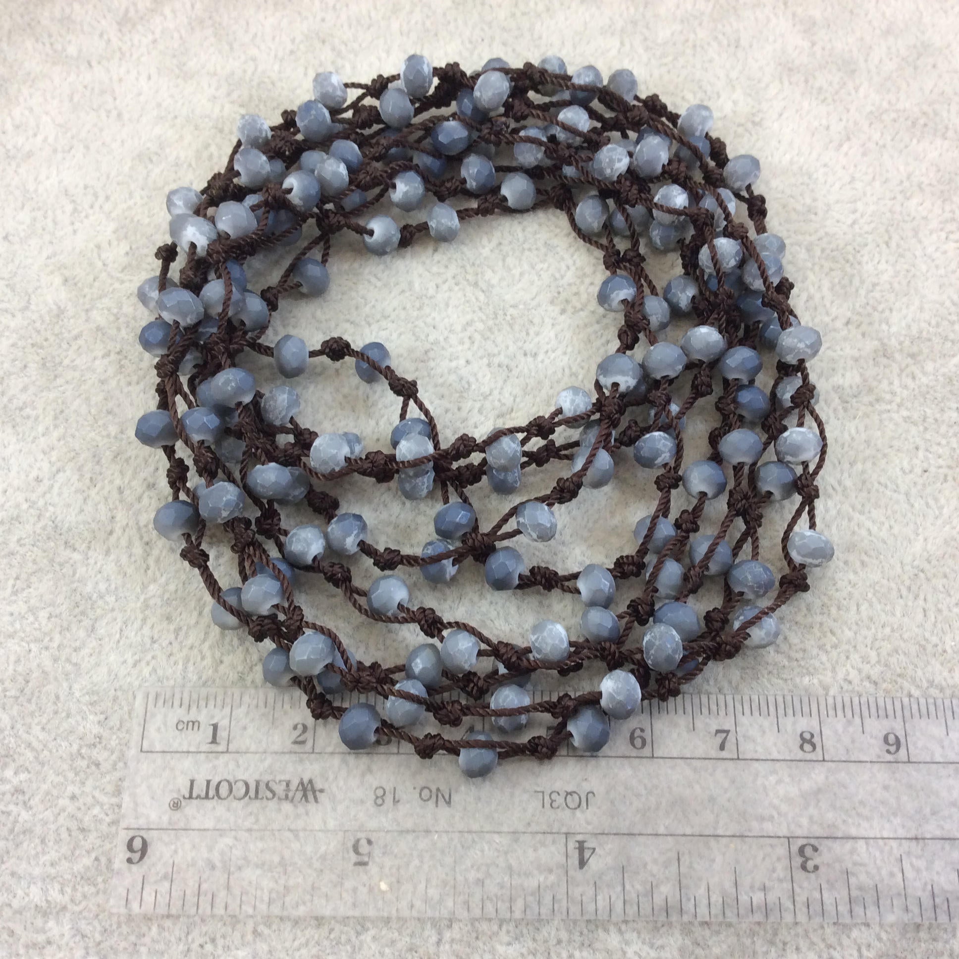 72" Woven Dark Brown Thread Necklace with 6mm Faceted Matte Finish Rondelle Shaped Opaque Bicolor Denim Chinese Crystal Beads - (DB72CC-149)