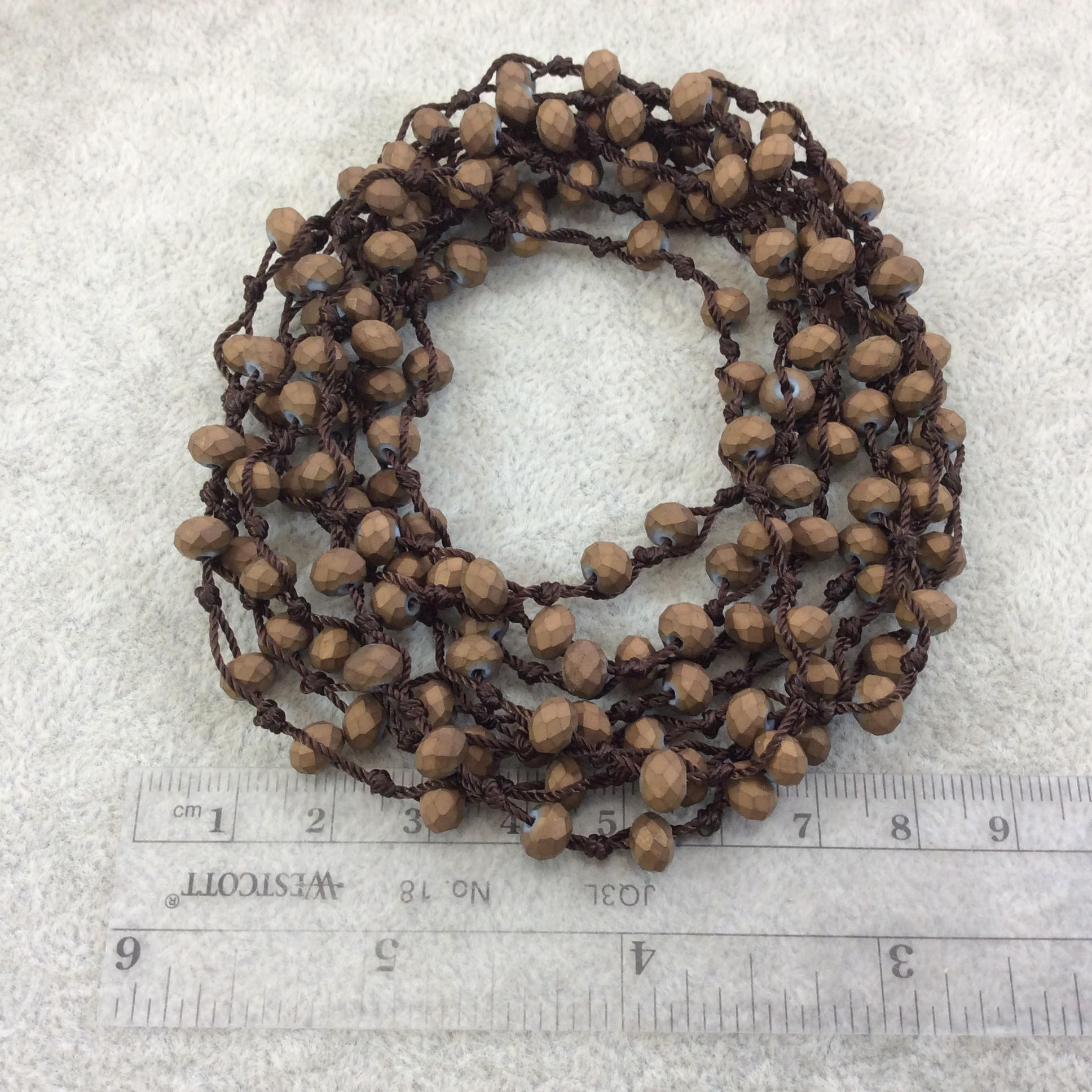 72" Woven Dark Brown Thread Necklace with 6mm Faceted Matte Finish Rondelle Shaped Opaque Bronze Chinese Crystal Beads - (DB72CC-151)