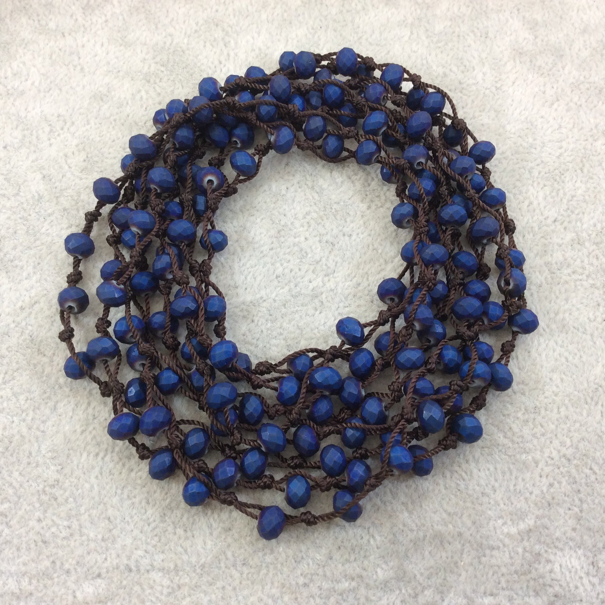 72" Woven Dark Brown Thread Necklace with 6mm Faceted Matte Finish Rondelle Shaped Opaque Dark Blue Chinese Crystal Beads - (DB72CC-153)