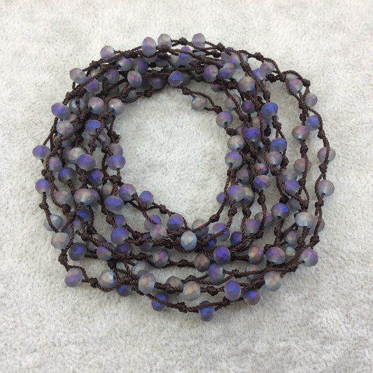 72" Woven Dark Brown Thread Necklace with 6mm Faceted Matte Finish Rondelle Shaped Opaque Gray/Purple Chinese Crystal Beads - (DB72CC-155)