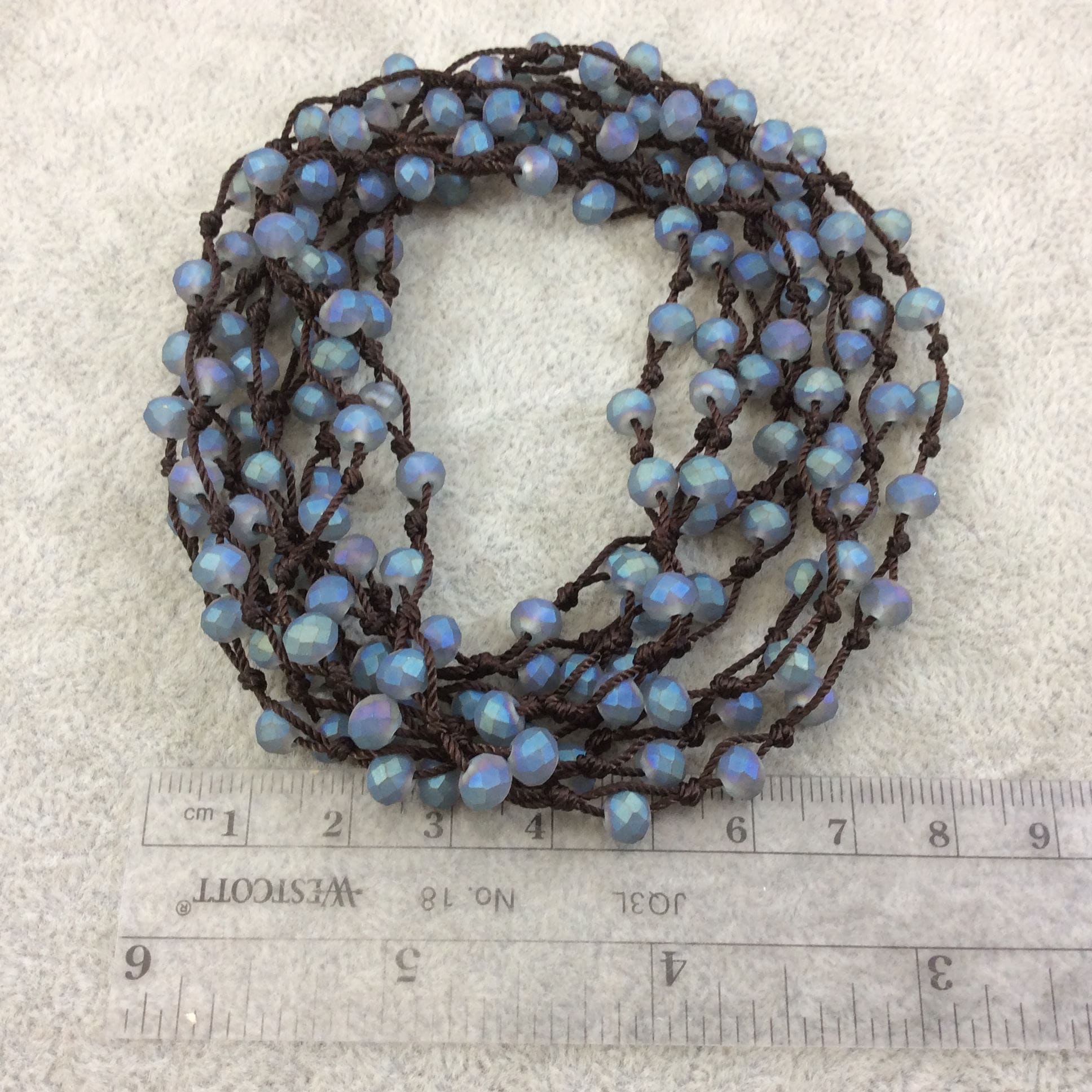 Chinese Crystal beads | 72" Woven Dark Brown Thread Necklace with 6mm Faceted Matte Finish Rondelle Shaped Opaque Blue Aqua Glass Beads