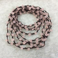 72" Woven Dark Brown Thread Necklace with 6mm Faceted Matte Finish Rondelle Semi-Trans. Light Pink Chinese Crystal Beads - (DB72CC-21M)