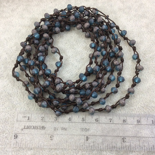 72" Woven Dark Brown Thread Necklace with 6mm Faceted Matte Finish Rondelle Semi-Trans. Black/Teal Chinese Crystal Beads - (DB72CC-112/118M)