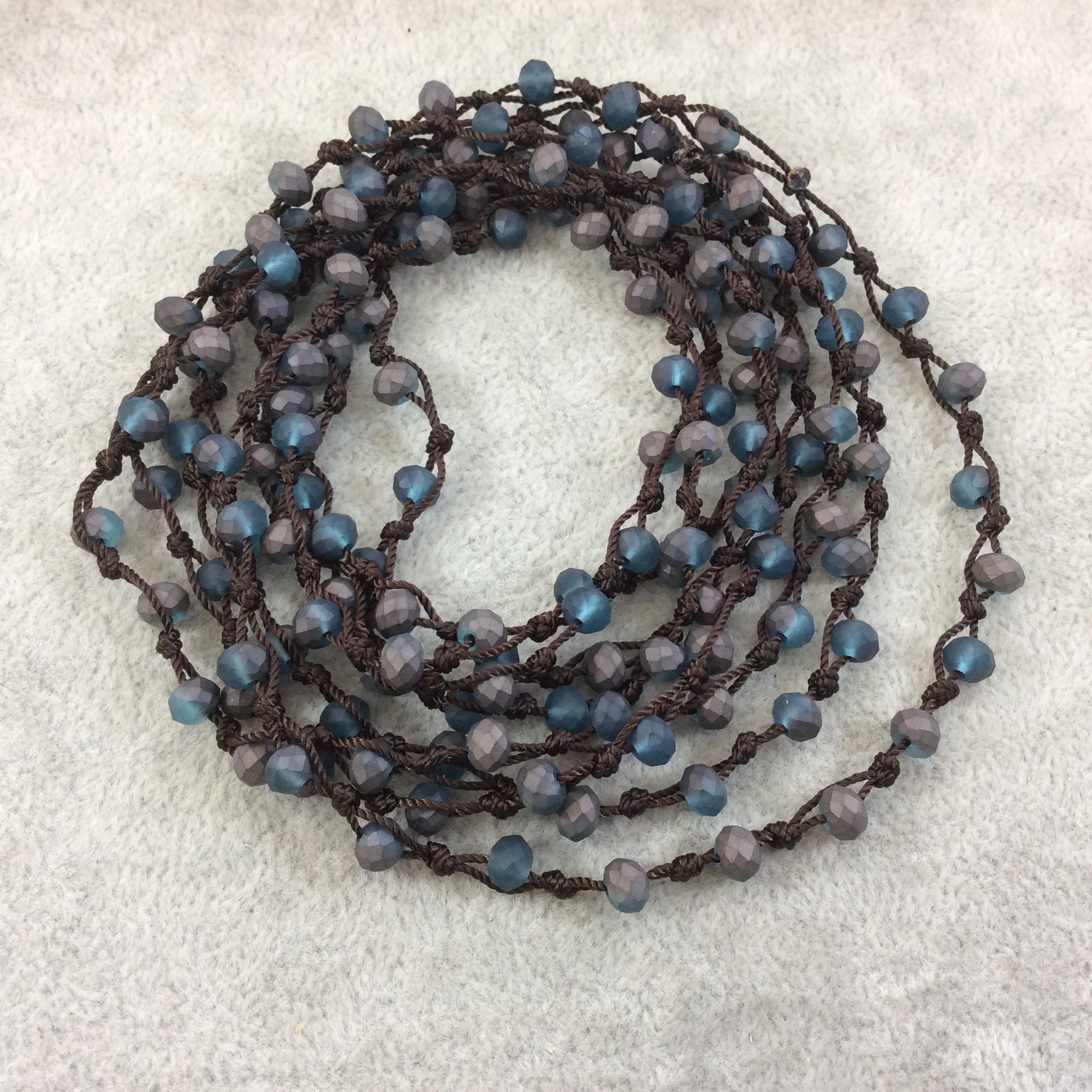 72" Woven Dark Brown Thread Necklace with 6mm Faceted Matte Finish Rondelle Semi-Trans. Black/Teal Chinese Crystal Beads - (DB72CC-112/118M)