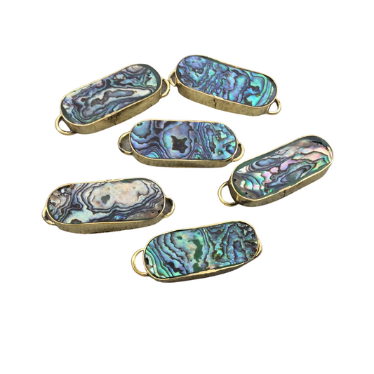 1.25" Iridescent Rainbow Natural Abalone Shell Skinny Oval Shaped Gold Plated Bezel Connector - Measuring 14mm x 33mm.