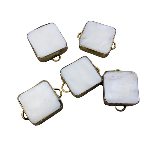 1" Iridescent White Natural Abalone Shell Square Shaped Gold Plated Bezel Connector - Measuring 23mm x 23mm.