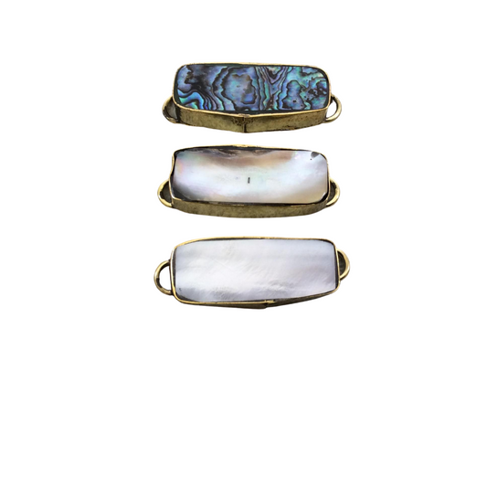 1" Iridescent Rainbow Natural Abalone Shell Long Rectangle Shaped Gold Plated Bezel Connector - Measuring 13mm x 33mm.