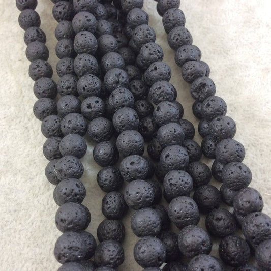 8mm Waxed/Coated Black Colored Volcanic Lava Rock Round/Ball Shaped Beads with 1mm Holes - Sold by 15.25" Strands (Approx. 48 Beads)