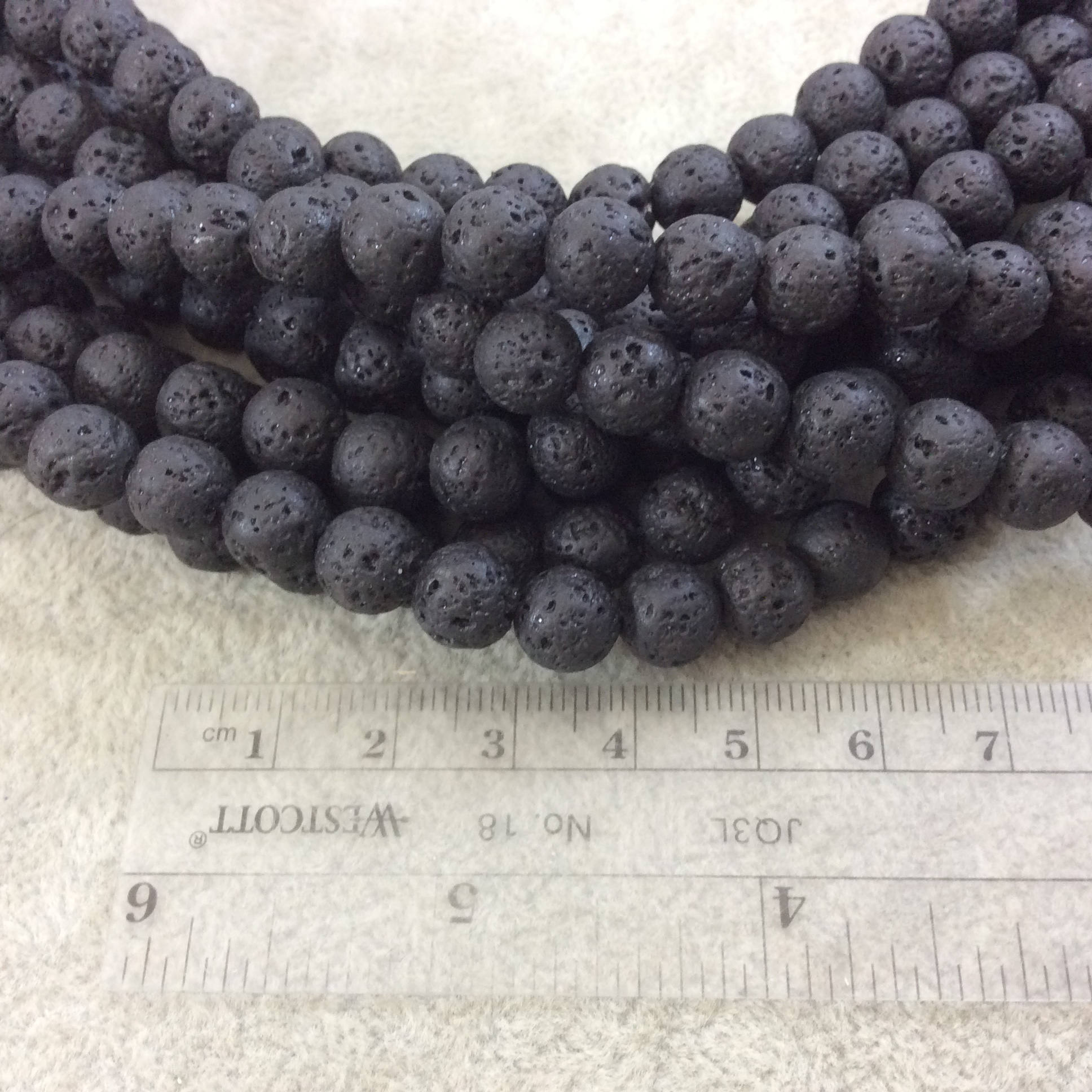 8mm Waxed/Coated Black Colored Volcanic Lava Rock Round/Ball Shaped Beads with 1mm Holes - Sold by 15.25" Strands (Approx. 48 Beads)