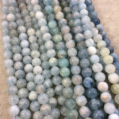 8mm Glossy Finish Natural Light Blue Aquamarine Round/Ball Shaped Beads with 1mm Holes - Sold by 15.5" Strands (Approximately 50 Beads)