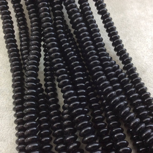 4mm x 8mm Smooth Glossy Finish Natural Jet Black Agate Rondelle Shaped Beads with 1mm Holes - Sold by 15.5" Strands (Approx. 99 Beads)