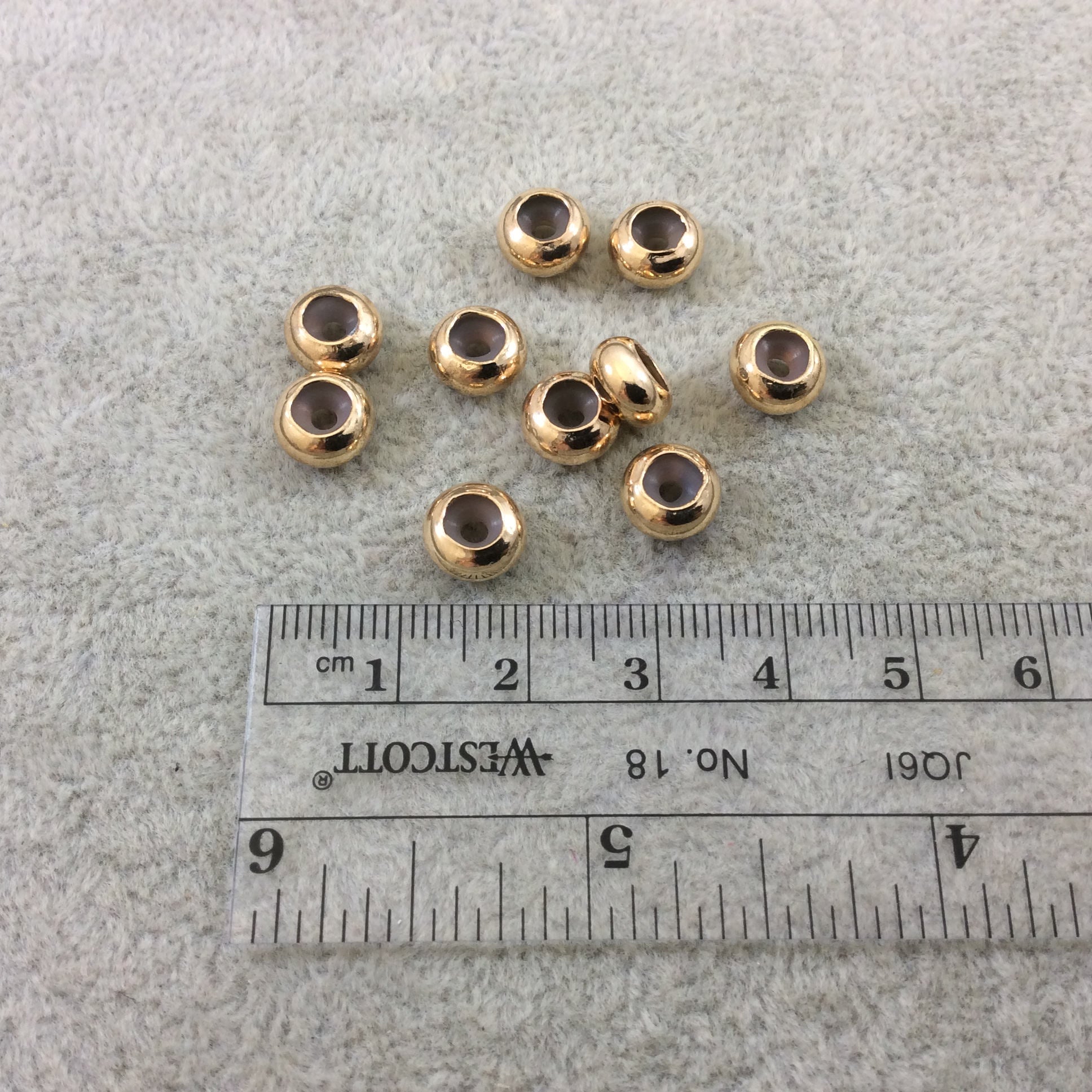 4mm x 8mm Glossy Finish GOLD Plated Brass Rondelle Shaped Metal Spacer Beads with 2mm Holes - Loose, Sold in Pre-Packed Bags of 10 Beads