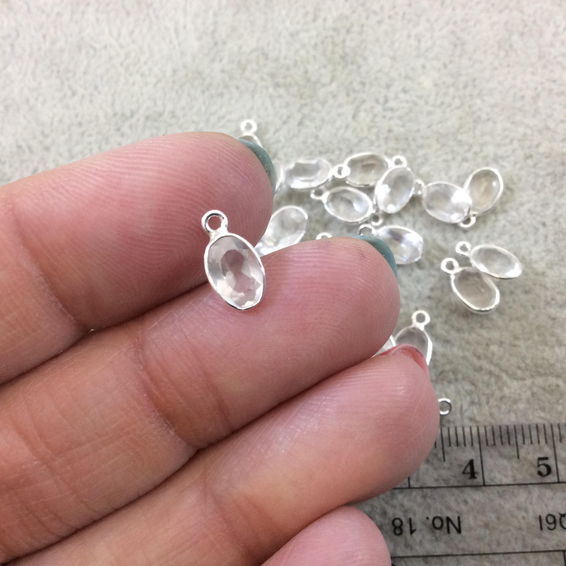 BULK LOT - Pack of Six (6) Sterling Silver Pointed/Cut Stone Faceted Oval Shaped Clear Quartz Bezel Pendants - Measuring 5mm x 7mm