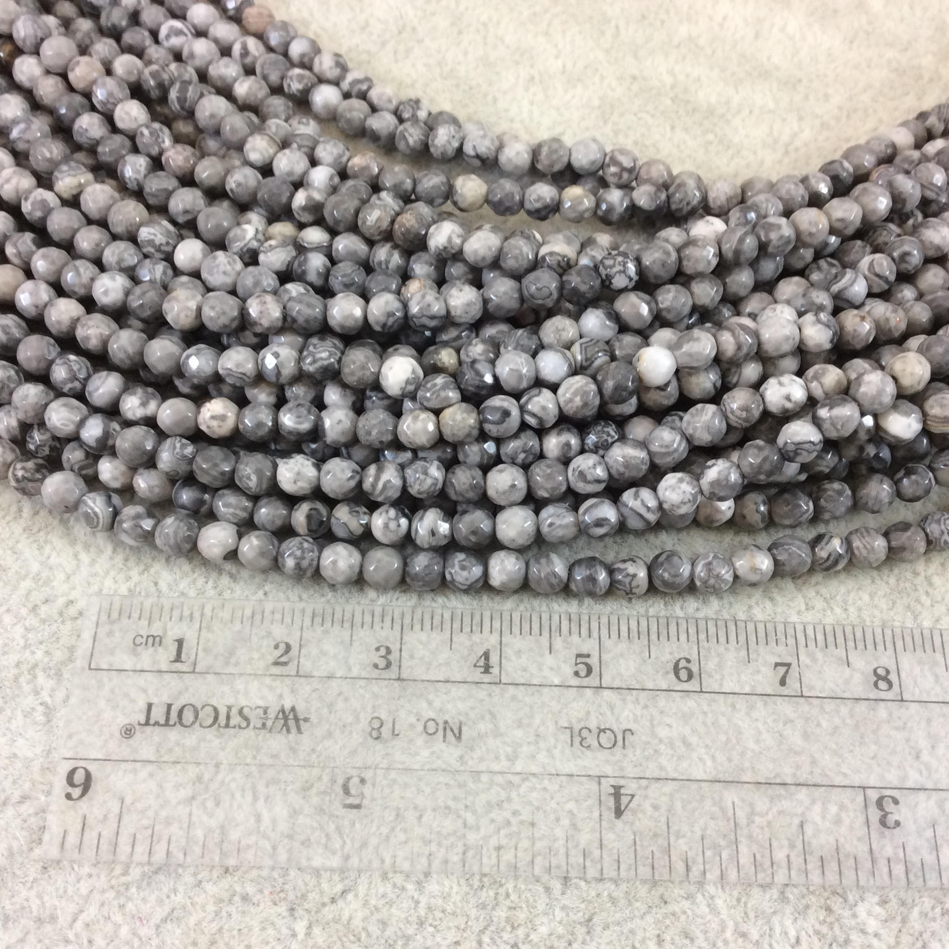 4mm Faceted Round Shaped Gray Leopard Jasper Beads with .8mm Holes - 15" Strand (Approx. 91 Beads) - Natural Semi-Precious Gemstone Beads