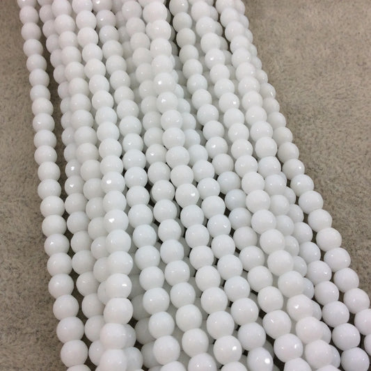 6mm Faceted Opaque White Agate Round/Ball Shaped Beads - 15.5" Strand (Approximately 64 Beads) - Natural Semi-Precious Gemstone