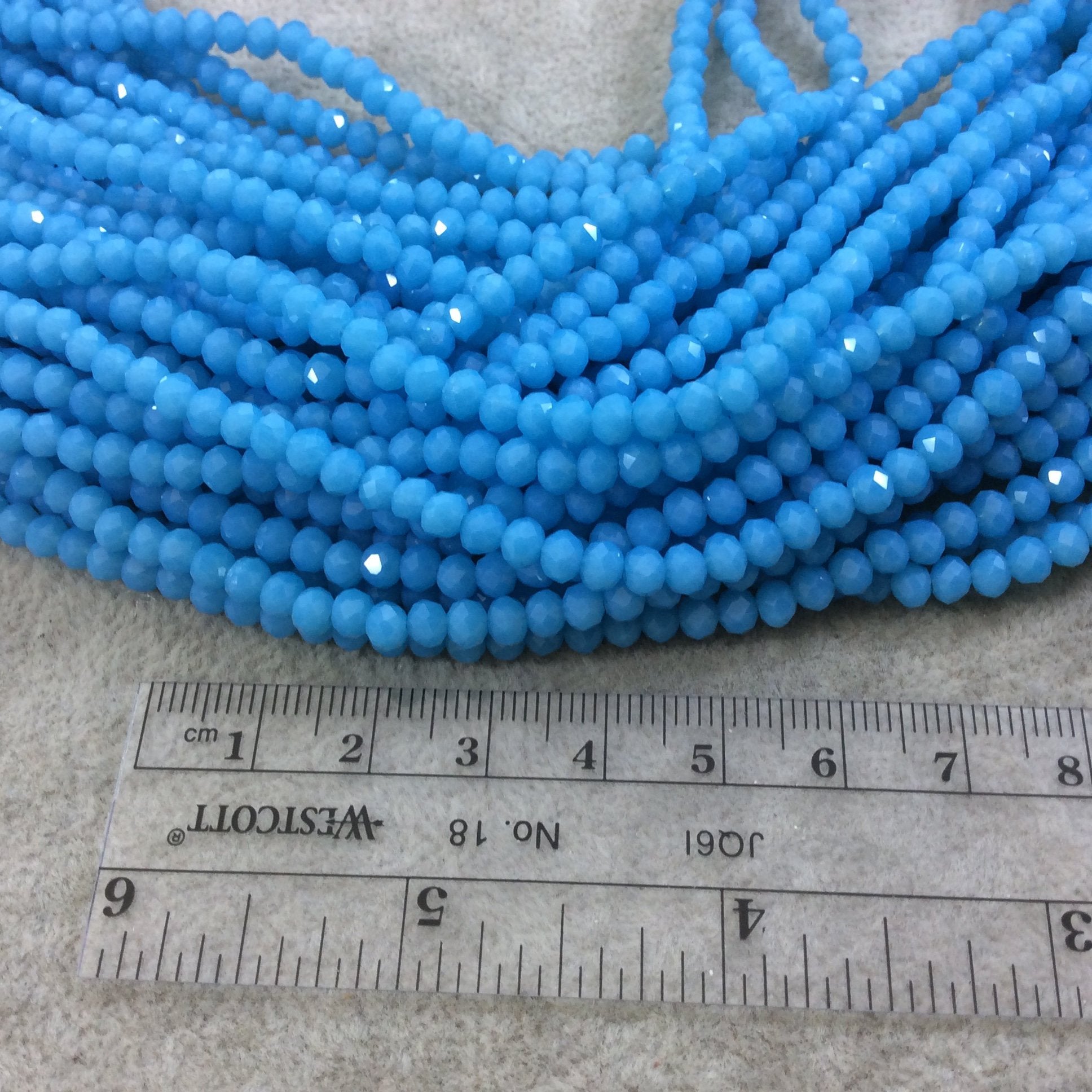 DISC 3mm x 4mm Glossy Finish Faceted Opaque Light Azure Blue Chinese Crystal Rondelle Beads - Sold by 18" Strands (Approx. 139 Beads)