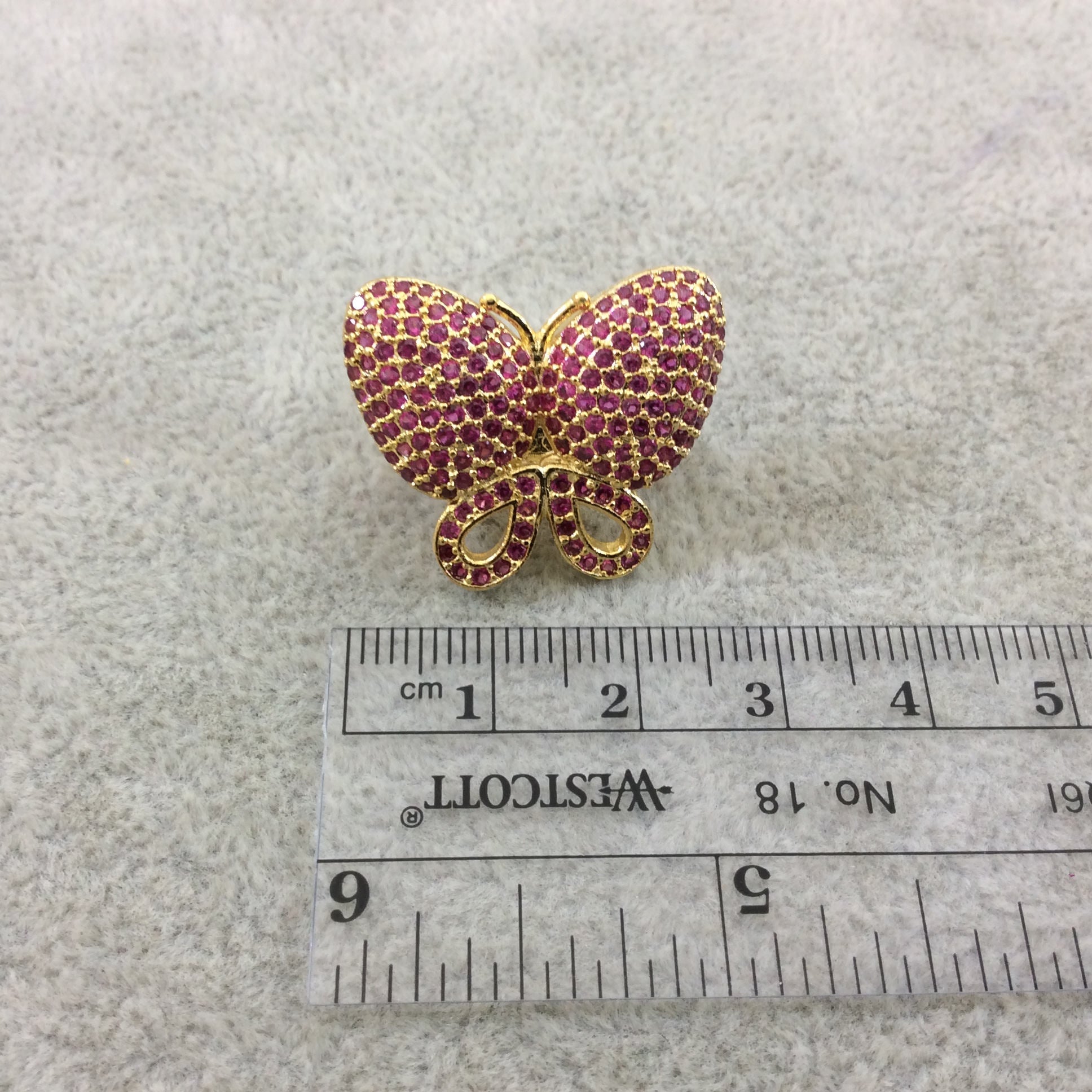 Gold Plated CZ Cubic Zirconia Inlaid Pink Butterfly Bolo Slide Copper - Measures 23mm x 28mm, Approx. - Sold Individually, RANDOM