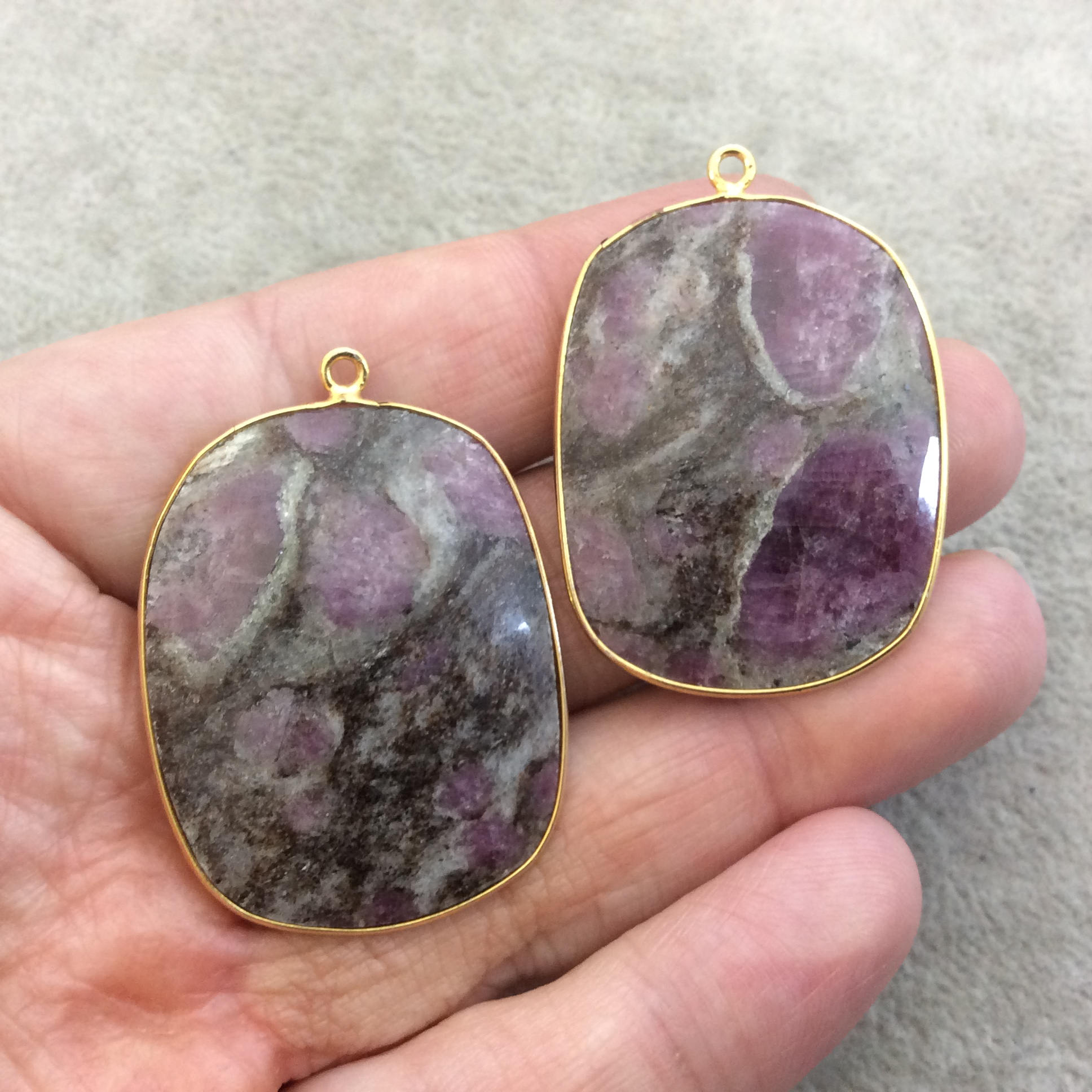 One Pair of OOAK Gold Finish Faceted Ruby in Feldspar Freeform Shaped Bezel Pendants "RP17"- Measuring 29mm x 37mm - Natural Gemstone