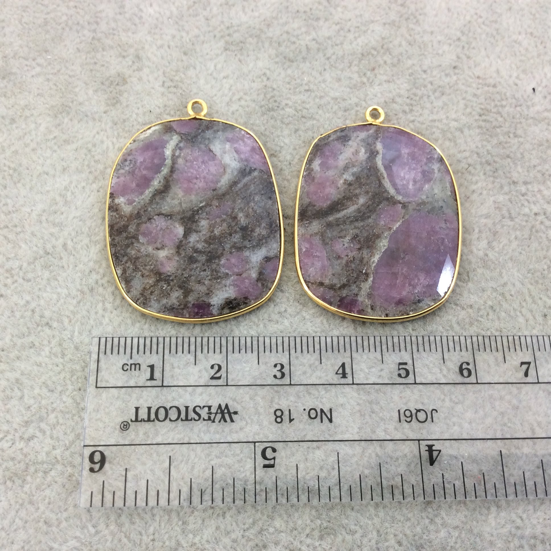 One Pair of OOAK Gold Finish Faceted Ruby in Feldspar Freeform Shaped Bezel Pendants "RP17"- Measuring 29mm x 37mm - Natural Gemstone