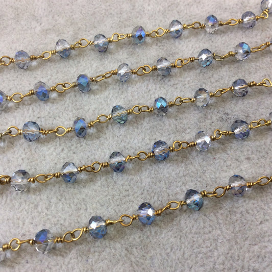 Gold Plated Copper Wrapped Rosary Chain with 6mm Faceted Trans. Blue & Gray Glass Crystal Rondelle Beads - Sold by the Foot (RC46-096-GD)