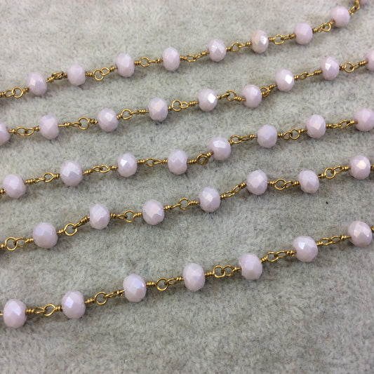 Gold Plated Copper Wrapped Rosary Chain with 6mm Faceted Opaque Palest Plum Glass Crystal Rondelle Beads- Sold By the Foot (RC46-061-GD)