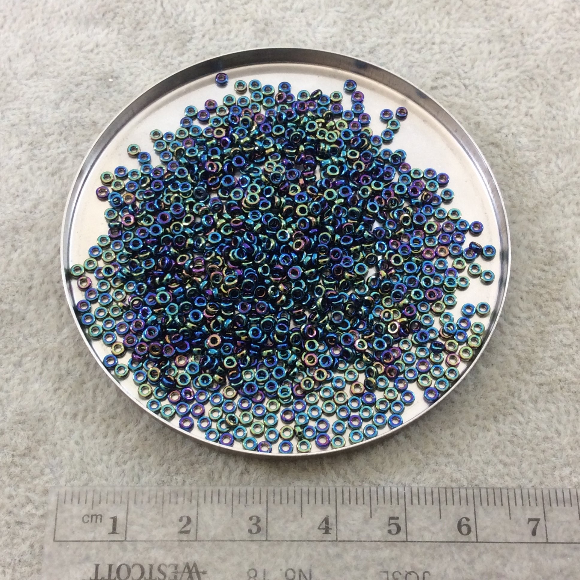 1mm x 2mm Glossy Metallic Blue Iris Genuine Miyuki Glass Seed Spacer Beads - Sold by 7 Gram Tubes (Approx 770 Beads per Tube) - (SPR2-455)