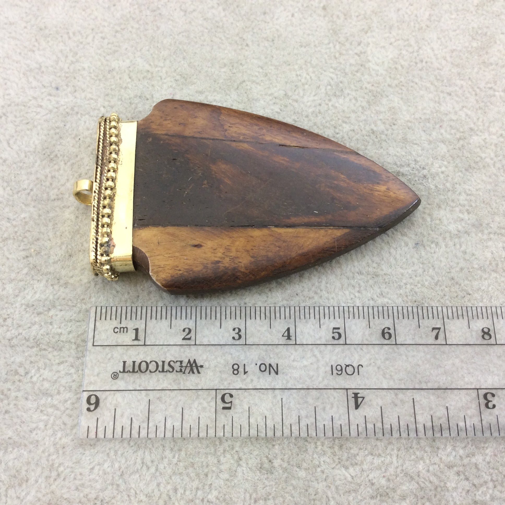 2.75" Warm Brown Notched Arrow Shaped Natural Ox Bone Pendant with Dotted Gold Cap - Measuring 45mm x 70mm, Approximately - (TR275WBNFA)