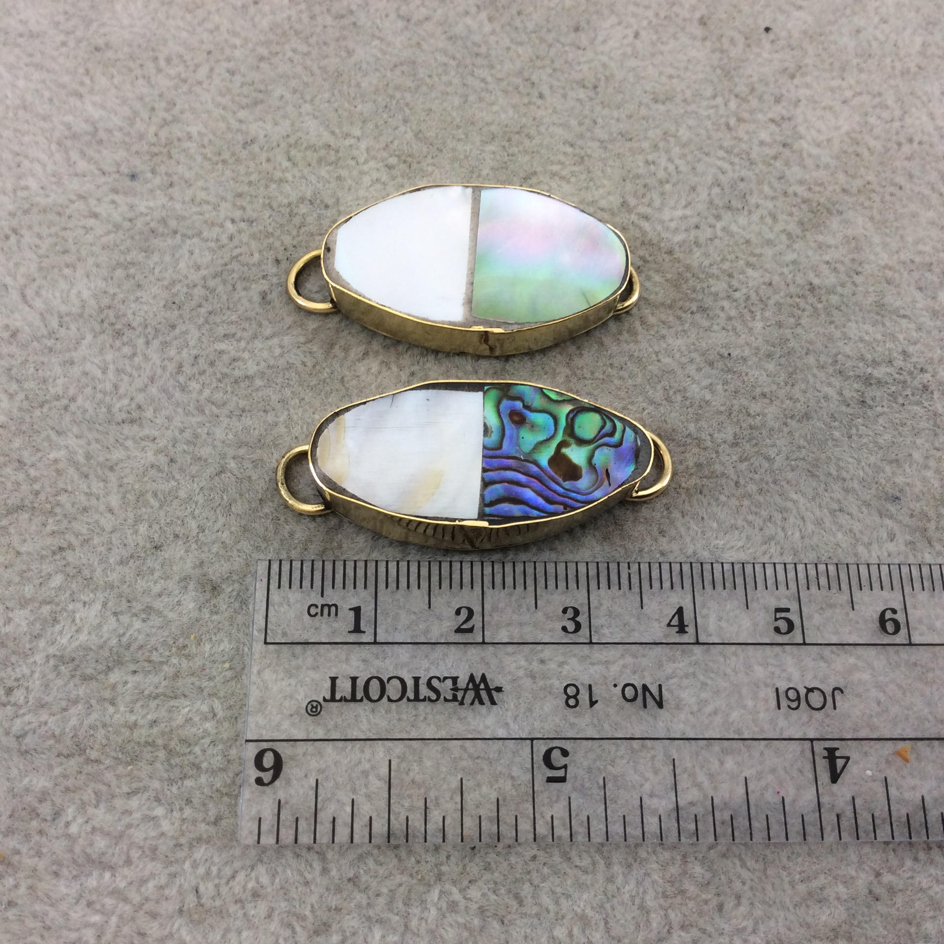 1" Iridescent White/Gray Natural Bi-Color Abalone Shell Octagon shaped Gold Plated Bezel Connector - 16mm x 28mm, Approx.