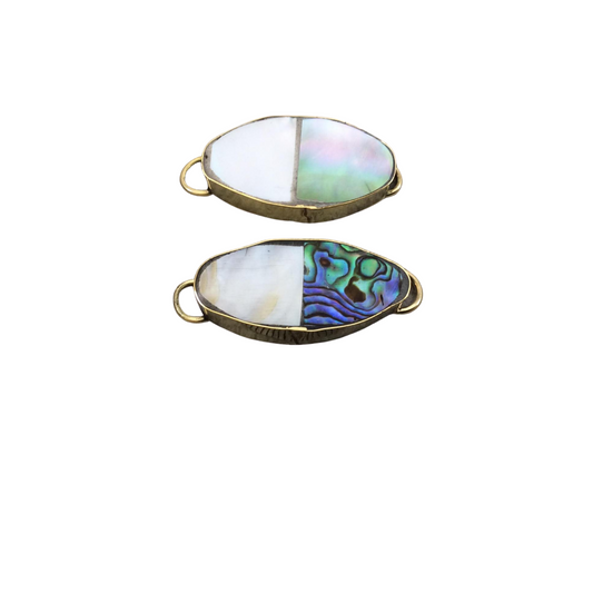 1" Iridescent White/ Rainbow Natural Bi-Color Abalone Shell Octagon shaped Gold Plated Bezel Connector - 16mm x 28mm, Approx.