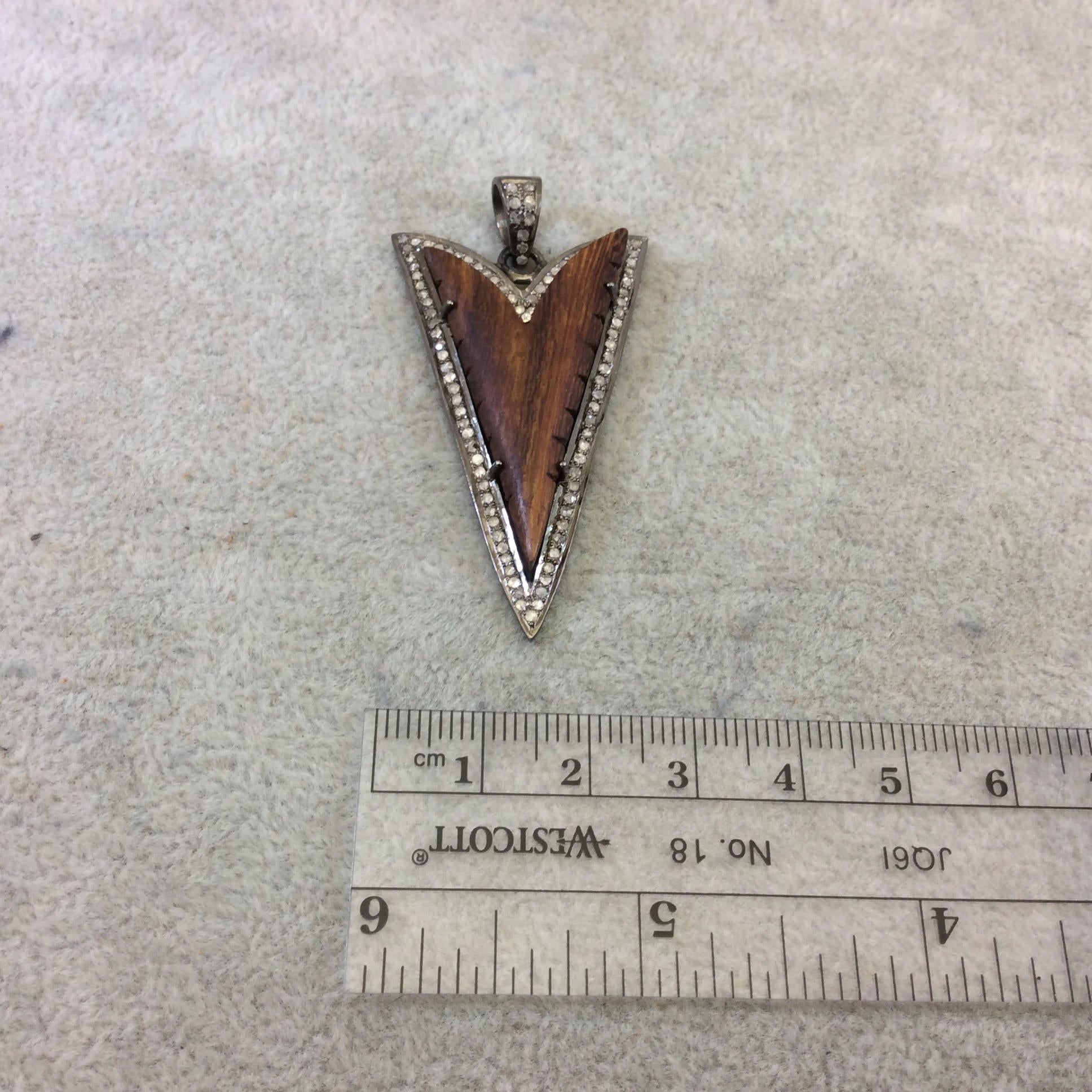 Genuine Pave Diamond Encrusted Gunmetal Plated Sterling Silver and Wood Arrowhead Pendant - Measuring 27mm x 50mm, Approx. - 0.67 cts