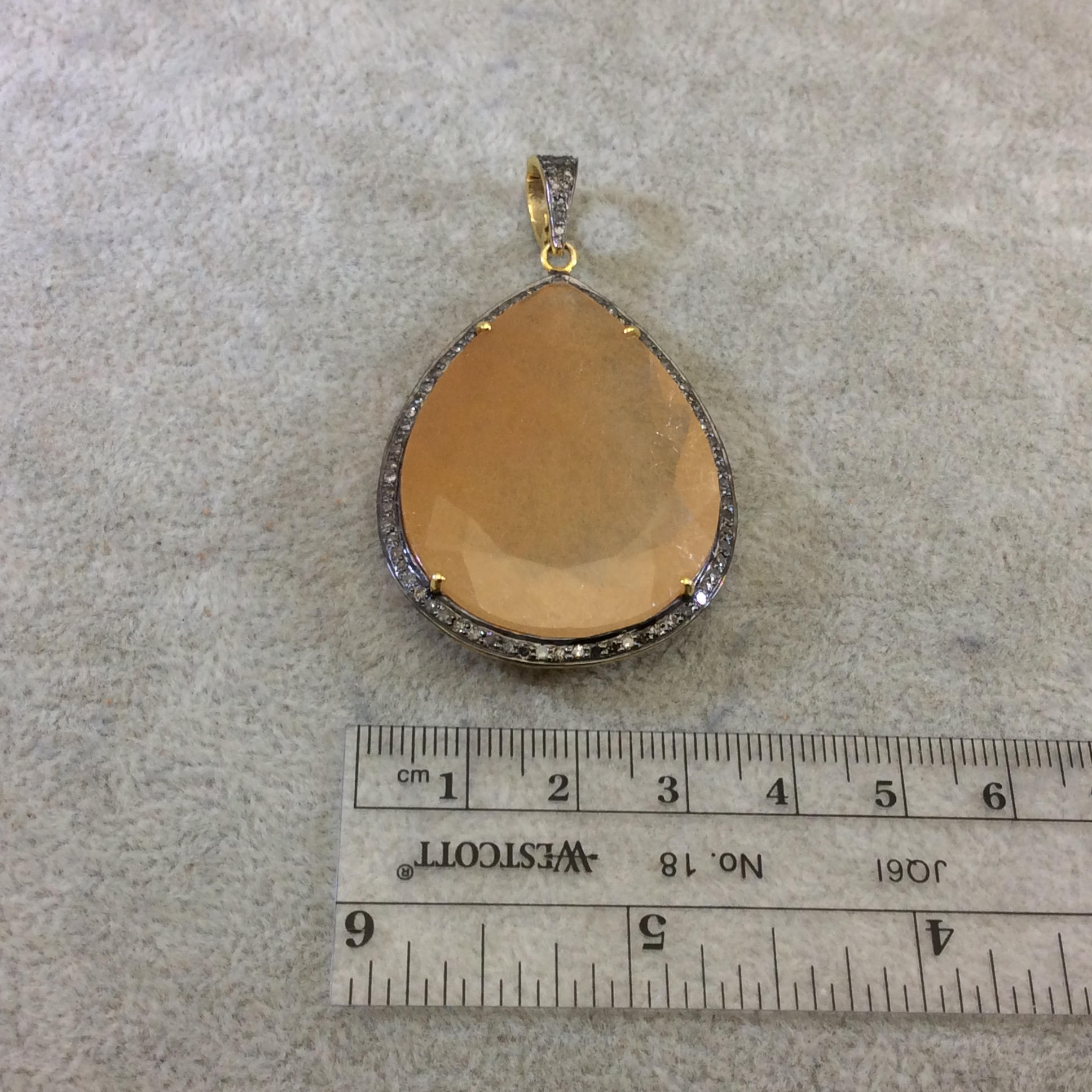 OOAK Genuine Pave Diamond Encrusted Gunmetal Plated Sterling Silver & Rutilated Quartz Teardrop Pendant - Measures ~ 30mm x 40mm, - ..9 cts