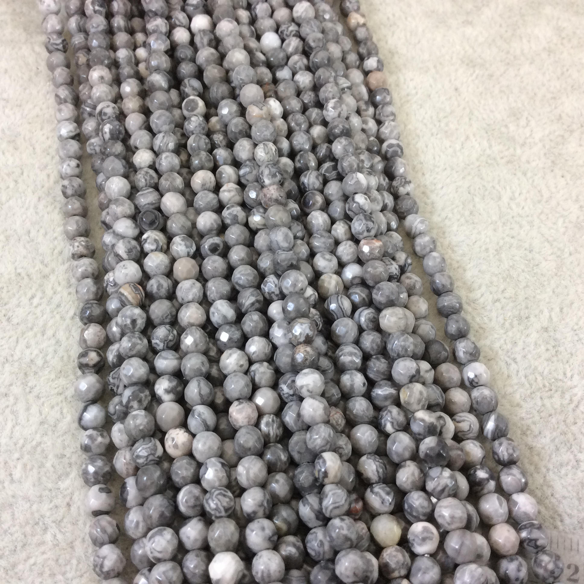 4mm Faceted Round Shaped Gray Leopard Jasper Beads with .8mm Holes - 15" Strand (Approx. 91 Beads) - Natural Semi-Precious Gemstone Beads