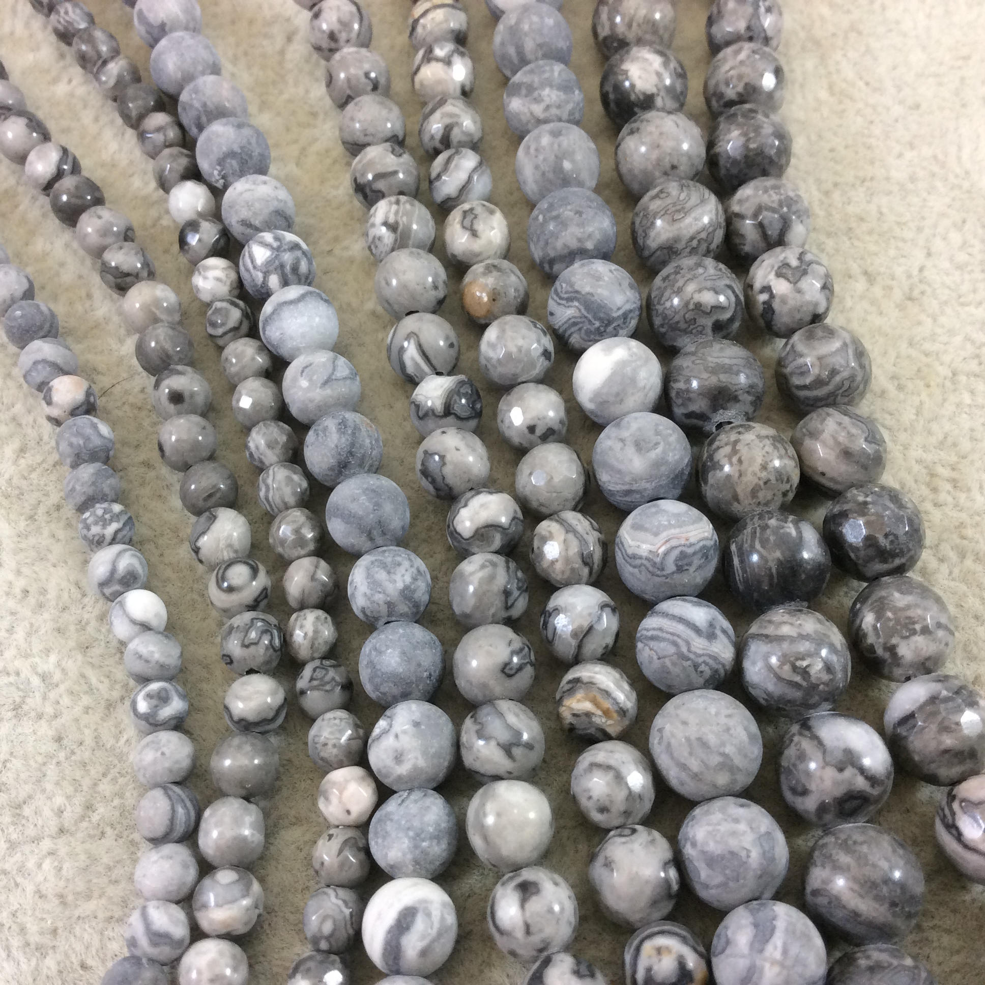 4mm Faceted Round Shaped Gray Leopard Jasper Beads with .8mm Holes - 15" Strand (Approx. 91 Beads) - Natural Semi-Precious Gemstone Beads