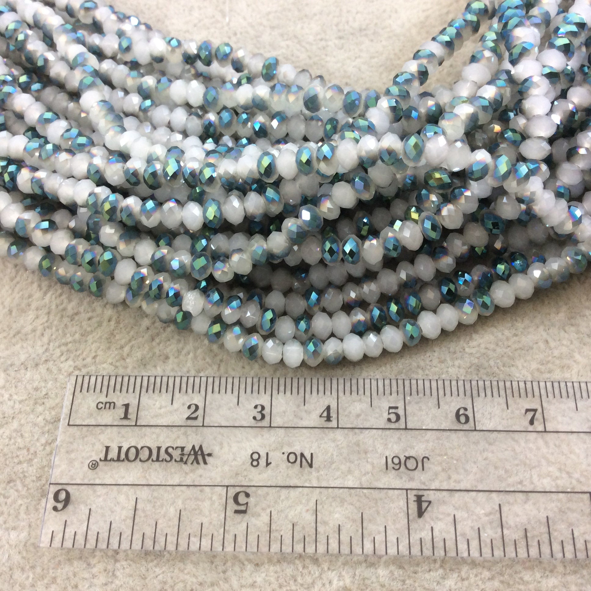 DISC 3mm x 4mm Aurora Borealis (AB) Finish Faceted Opaque White/Peacock Chinese Crystal Rondelle Beads - Sold by 17.5" Strands (~ 147 Beads)