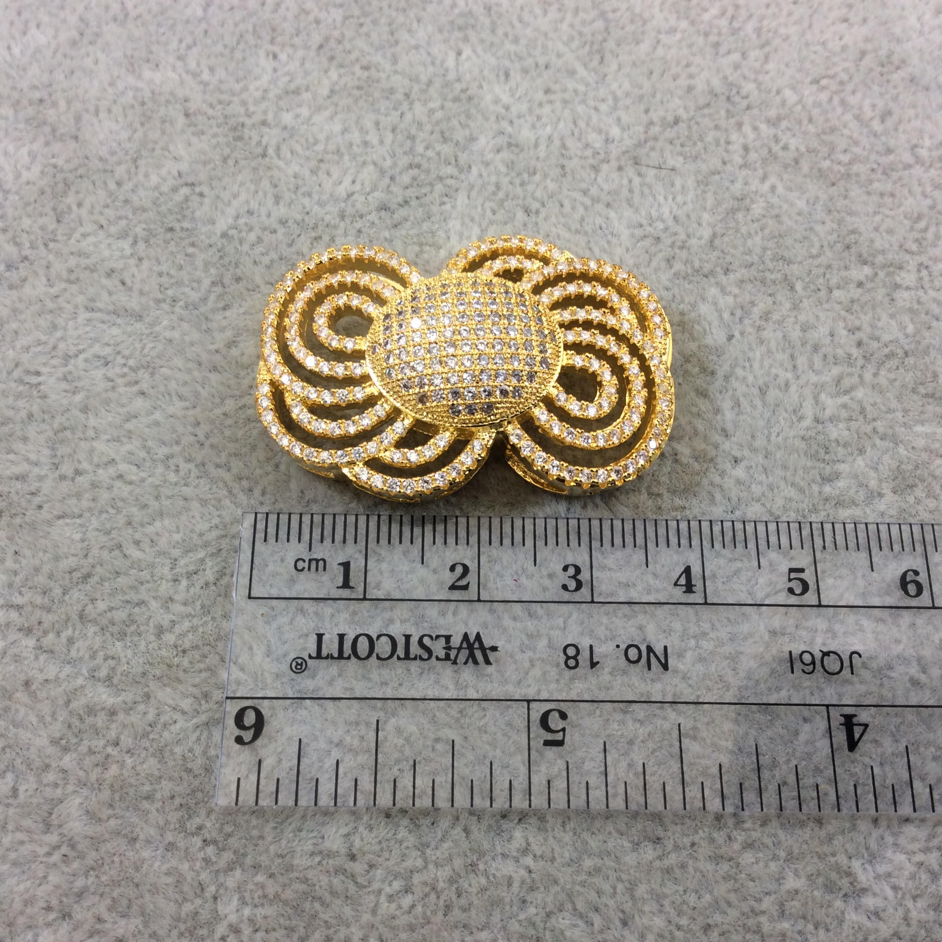 Gold Plated CZ Cubic Zirconia Inlaid Ornate Bow Shaped Copper Slider - Measures 25mm x 35mm, Approx.  - Sold Individually, RANDOM