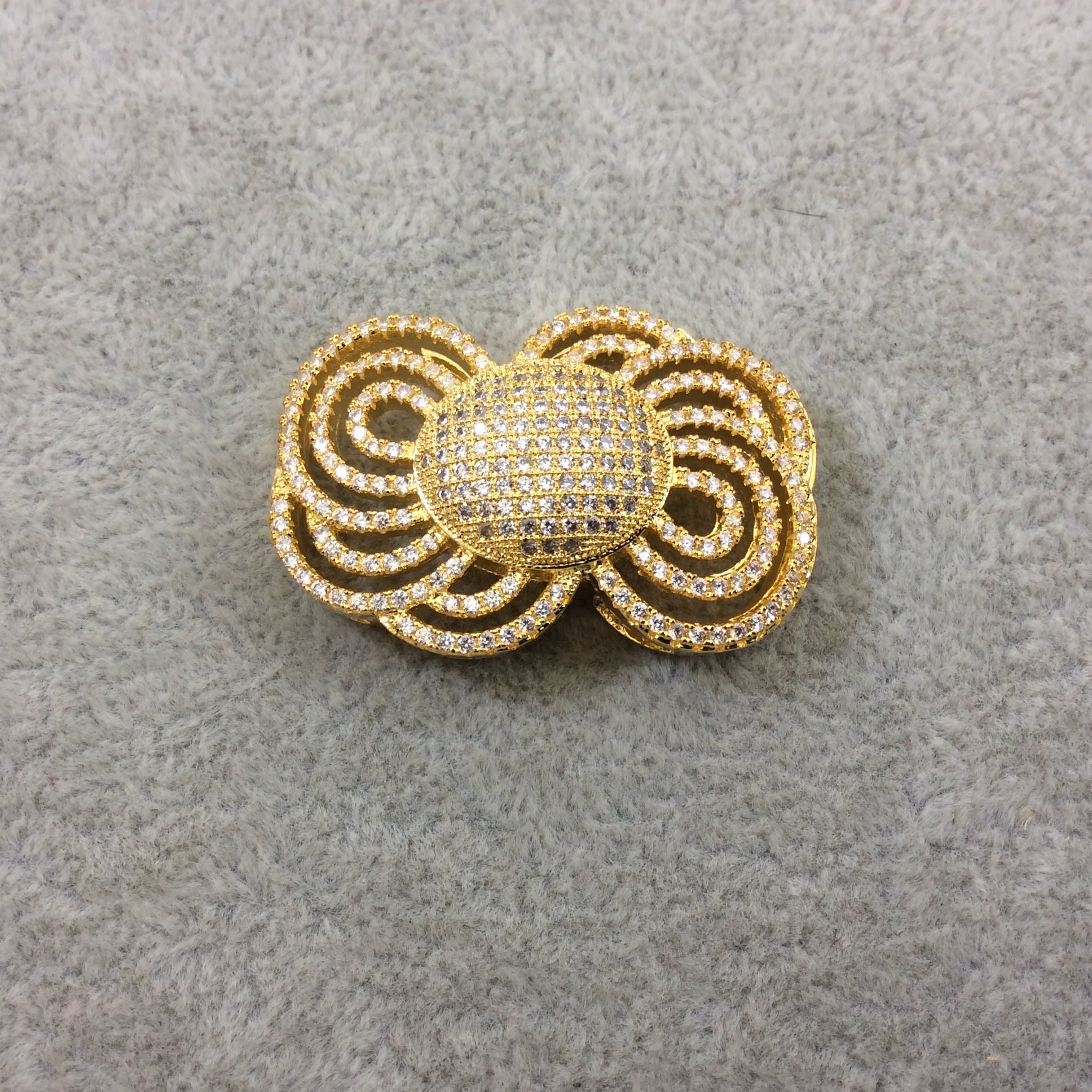 Gold Plated CZ Cubic Zirconia Inlaid Ornate Bow Shaped Copper Slider - Measures 25mm x 35mm, Approx.  - Sold Individually, RANDOM