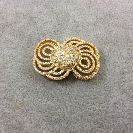 Gold Plated CZ Cubic Zirconia Inlaid Ornate Bow Shaped Copper Slider - Measures 25mm x 35mm, Approx.  - Sold Individually, RANDOM