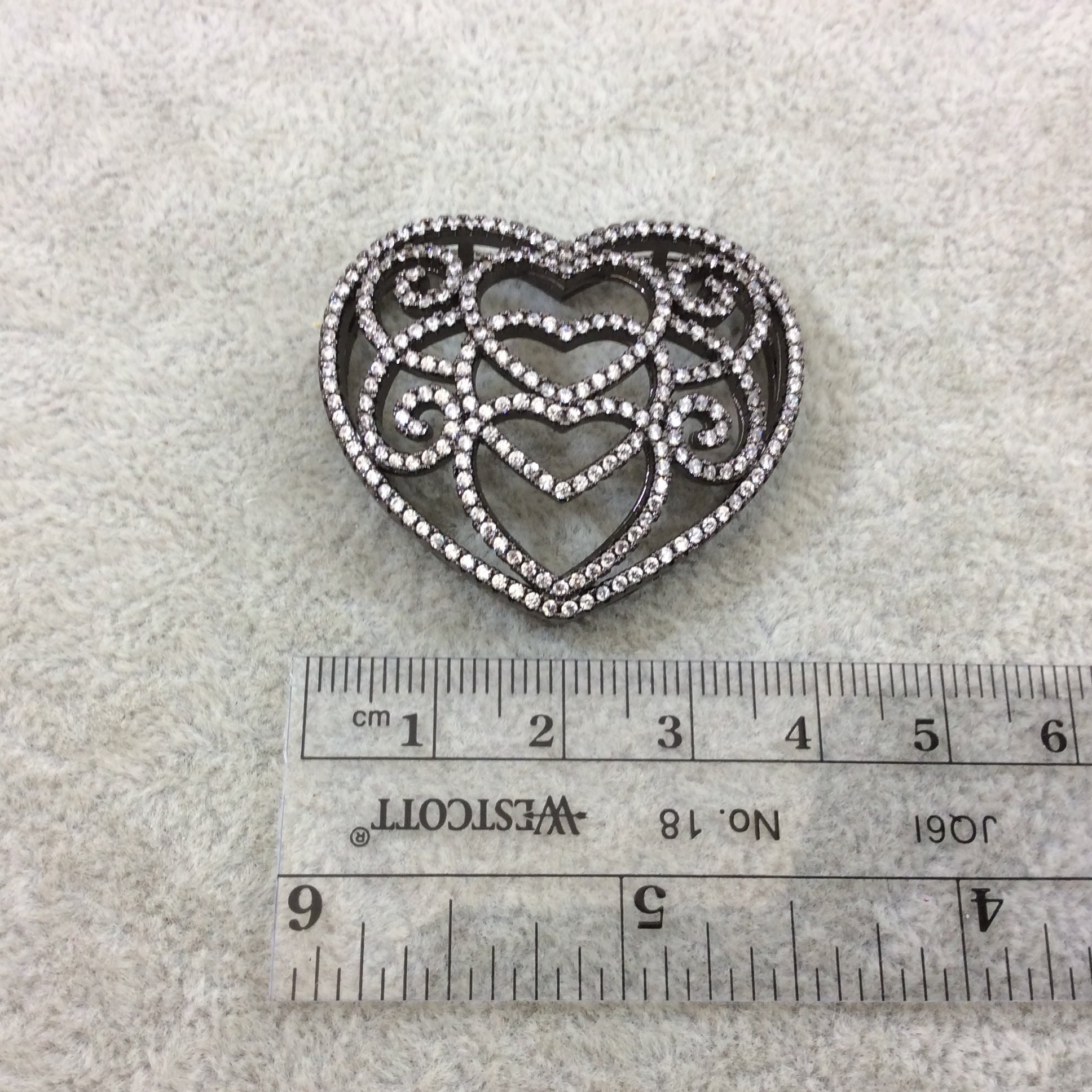 Gunmetal Plated CZ Cubic Zirconia Heart Shaped Copper Slider - Measures 35mmx40mm, Approx.  - Sold Individually, RANDOM