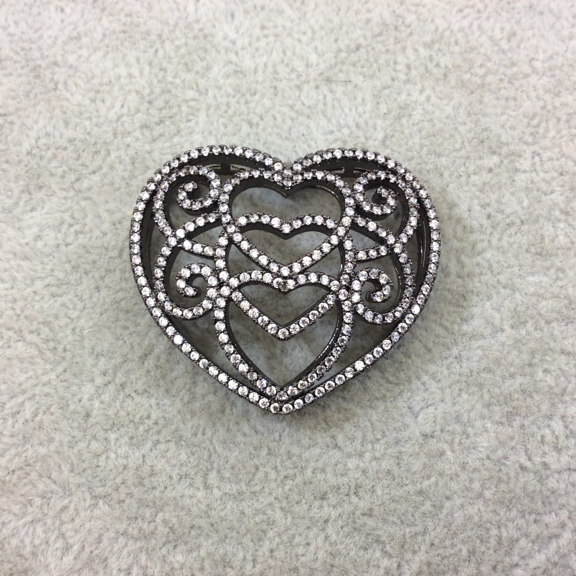 Gunmetal Plated CZ Cubic Zirconia Heart Shaped Copper Slider - Measures 35mmx40mm, Approx.  - Sold Individually, RANDOM