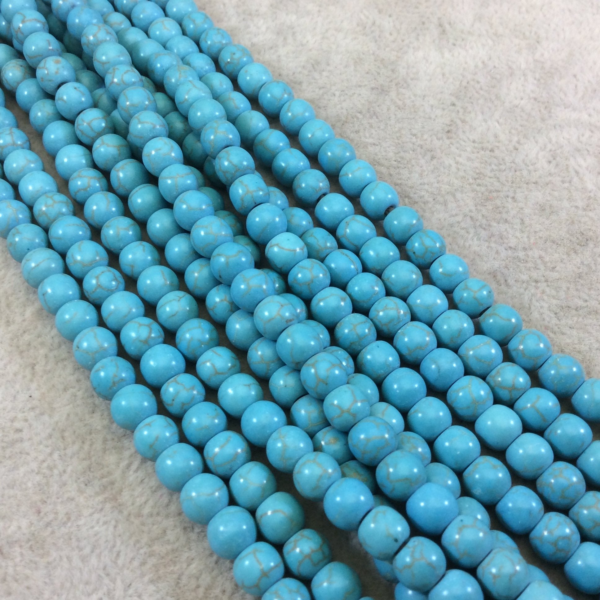 6mm  Dyed Turquoise Howlite Smooth Finish Round/Ball Shaped Beads with 1.5mm Holes - 7.5" Strand (Approx. 37 Beads) - LARGE HOLE BEADS