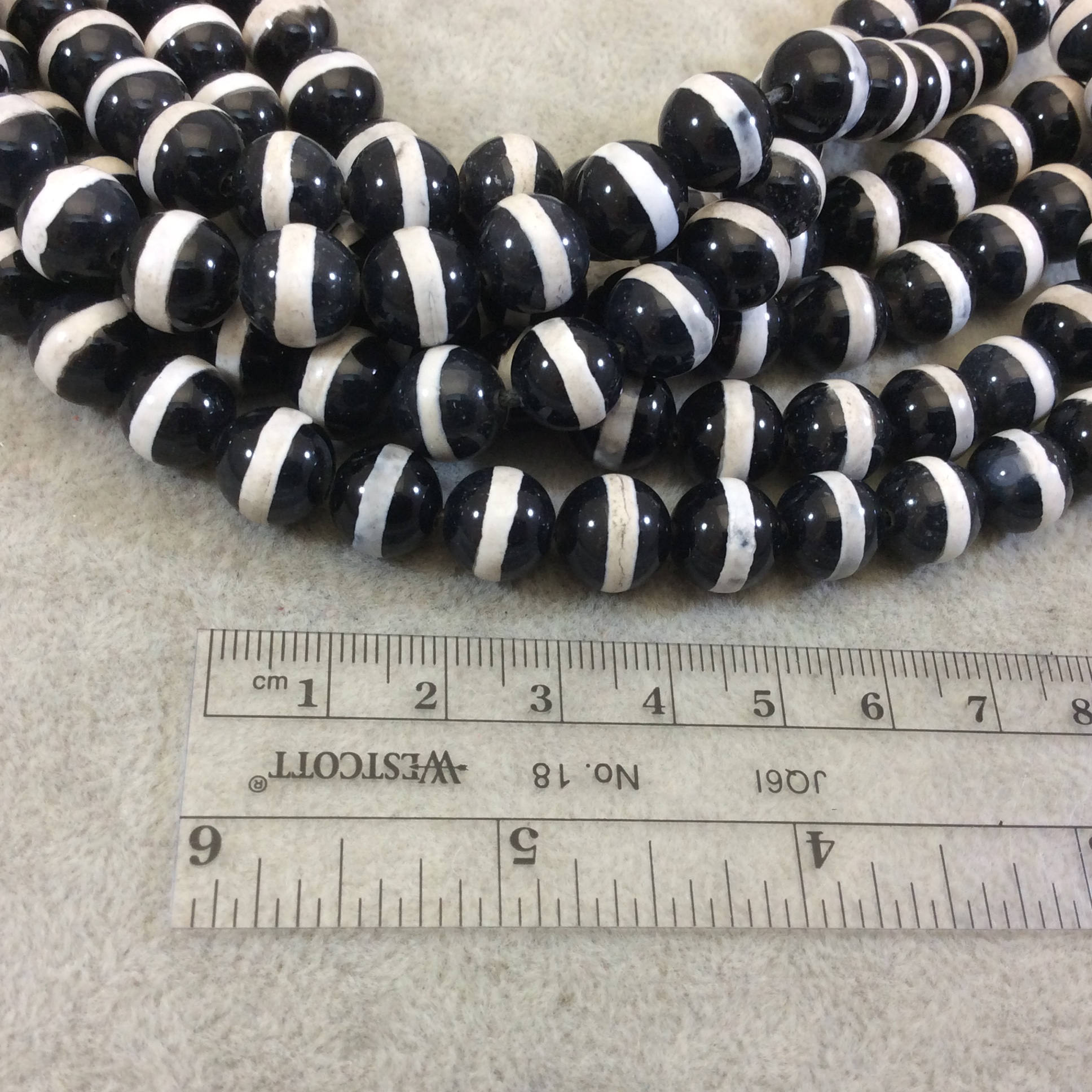 10mm Natural Striped Black/Cream Tibetan Agate Smooth Round LARGE HOLE BEADS with 2mm Holes - 7.5" Strand (Approx. 19 Beads) - Quality Stone