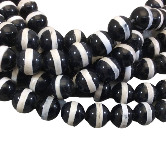 10mm Natural Striped Black/Cream Tibetan Agate Smooth Round LARGE HOLE BEADS with 2mm Holes - 7.5" Strand (Approx. 19 Beads) - Quality Stone