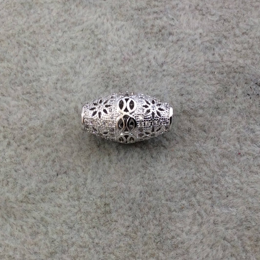 Silver Plated CZ Cubic Zirconia Inlaid Filigree Tapered Barrel Bead - Measures 10mmx18mm, Approx. - Sold Individually, RANDOM