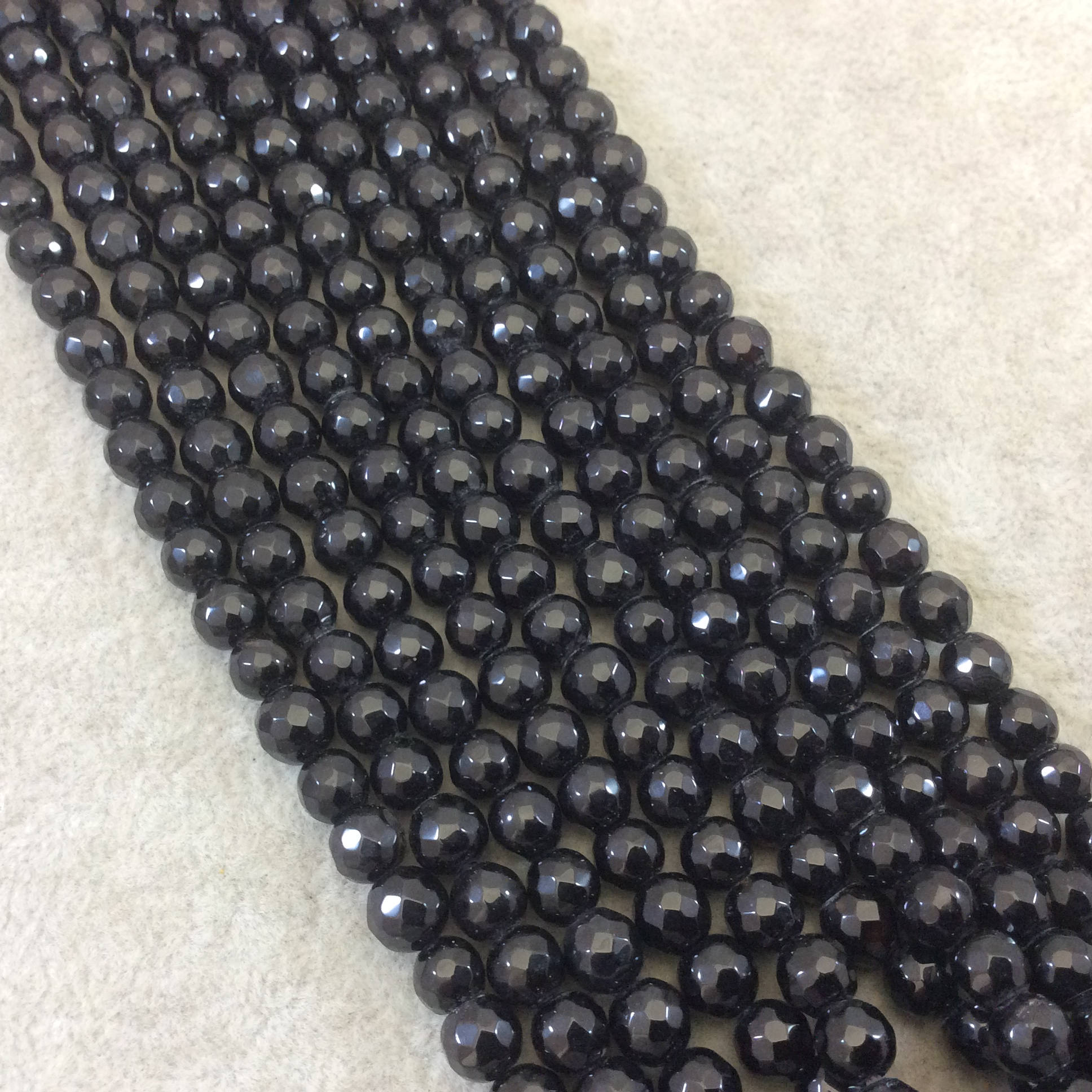 6mm Natural Black Agate Faceted Glossy Round/Ball Shaped Beads With 1.5mm Holes - 7.25" Strand (Approx. 33 Beads) - LARGE HOLE BEADS