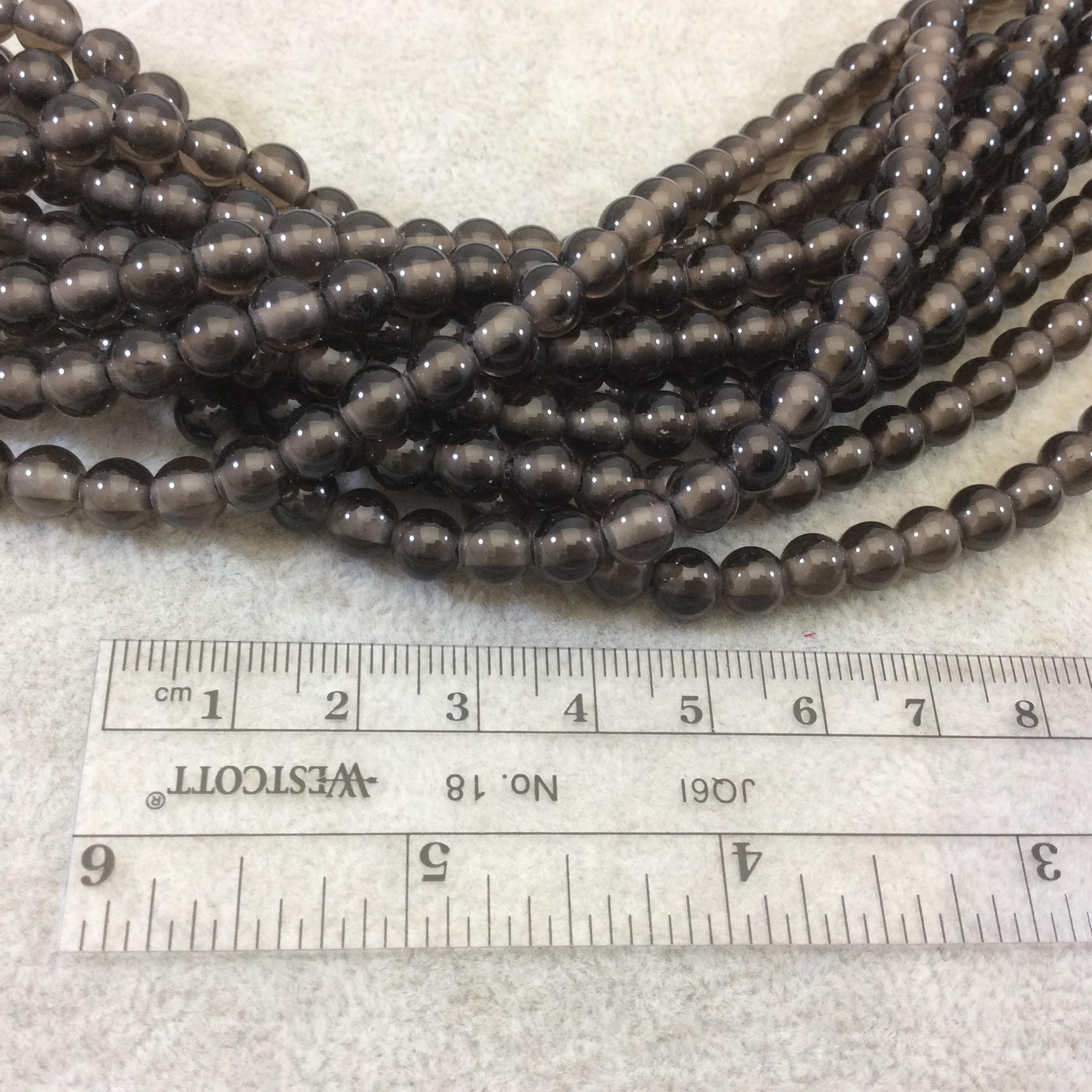 6mm Natural Smoky Gray Quartz Smooth Glossy Round/Ball Beads With 1.5mm Holes - 7.5" Strand (Approximately 32 Beads) - LARGE HOLE BEADS