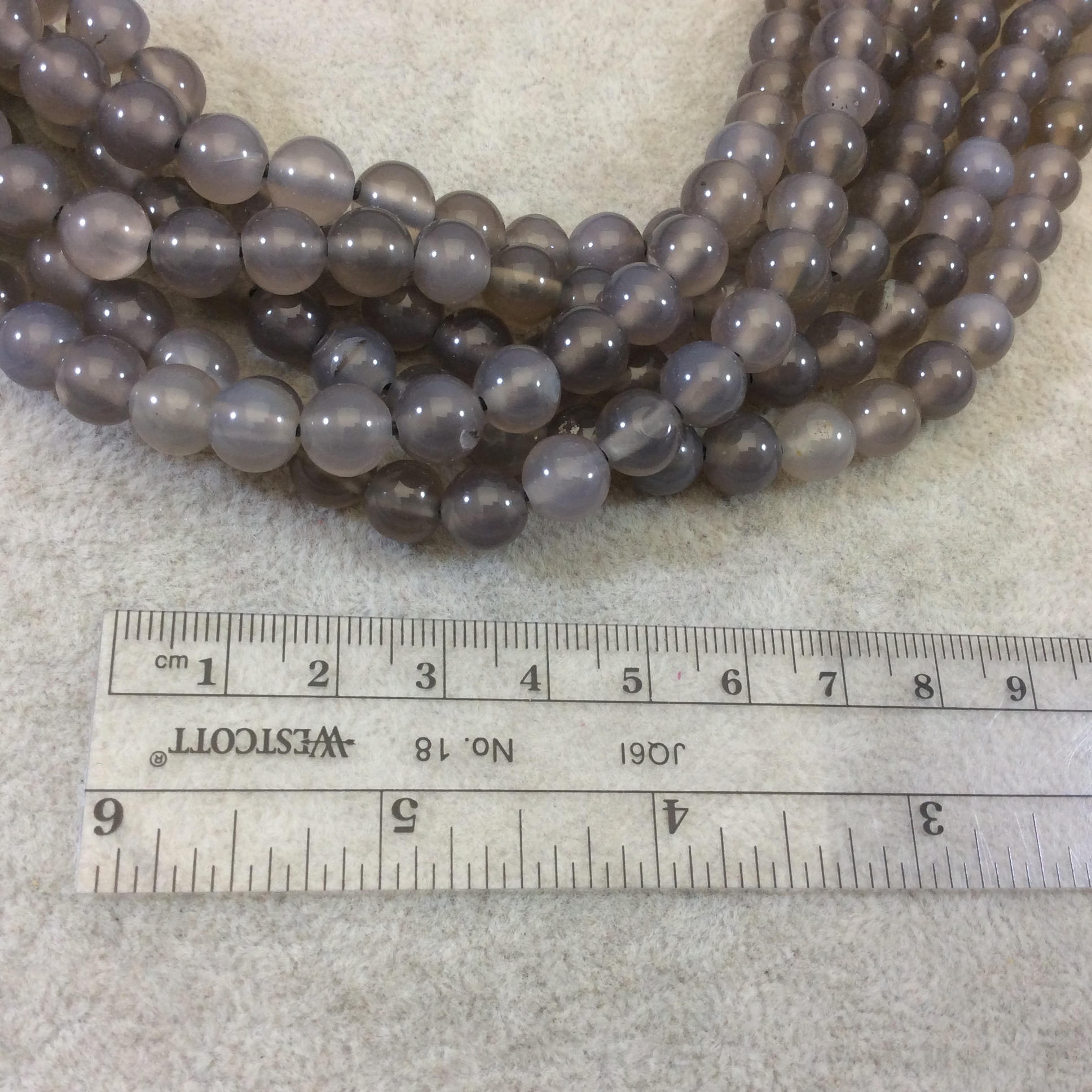 8mm Gray Agate Smooth Glossy Round/Ball Shaped Beads With 1.5mm Holes - 7.25" Strand (Approximately23 Beads) - LARGE HOLE BEADS